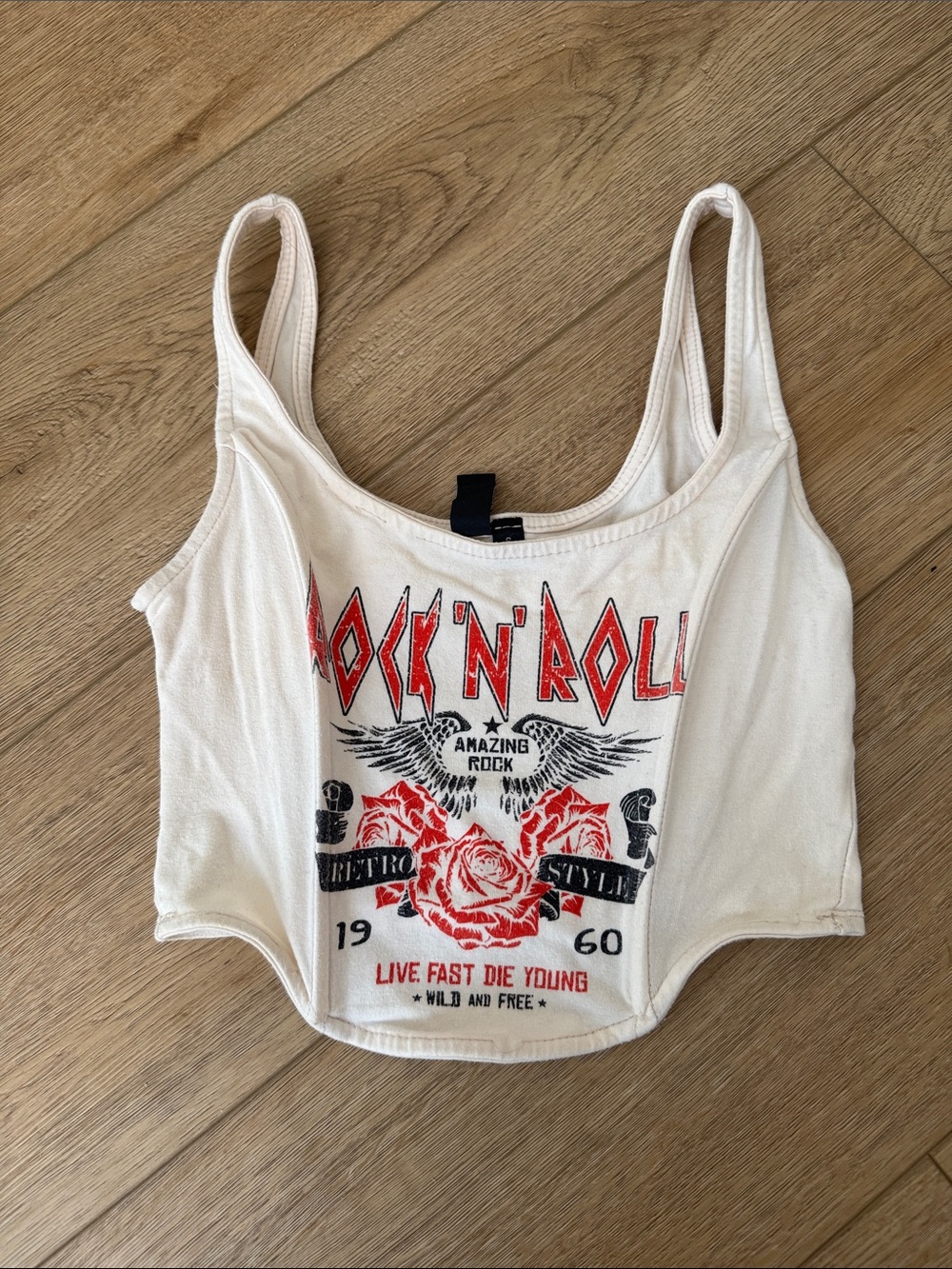 Windsor White Graphic Rock 'N' Roll Crop Tank with Red Accents